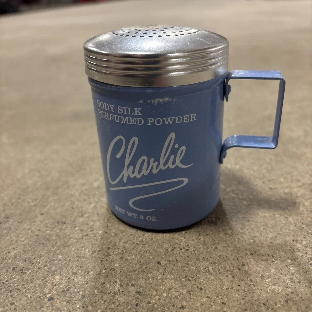 Vintage Revlon CHARLIE Tin Shaker Body Powder 3 oz Blue 3/4 Full